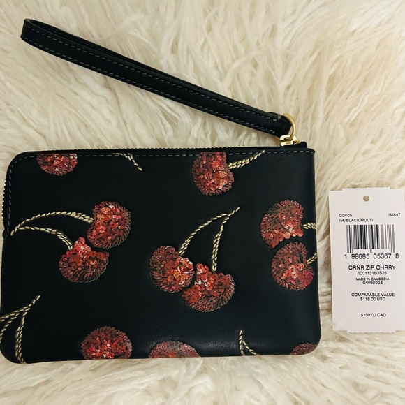 Coach Corner Zip Cherry Sparkle Black Wristlet with Gold Accents NWT - Picture 3 of 3